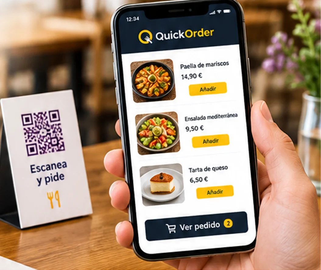 Un cliente pide desde el móvil con la carta abierta; en la mesa, un soporte con el código QR
